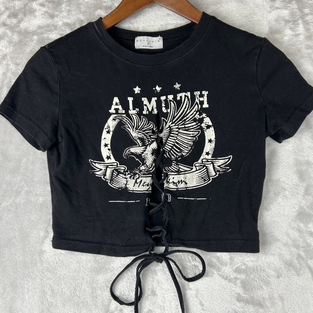 Mey Sikim Graphic Lace Up Crop Top Short Sleeve Black Eagle Motif Size S Y2K